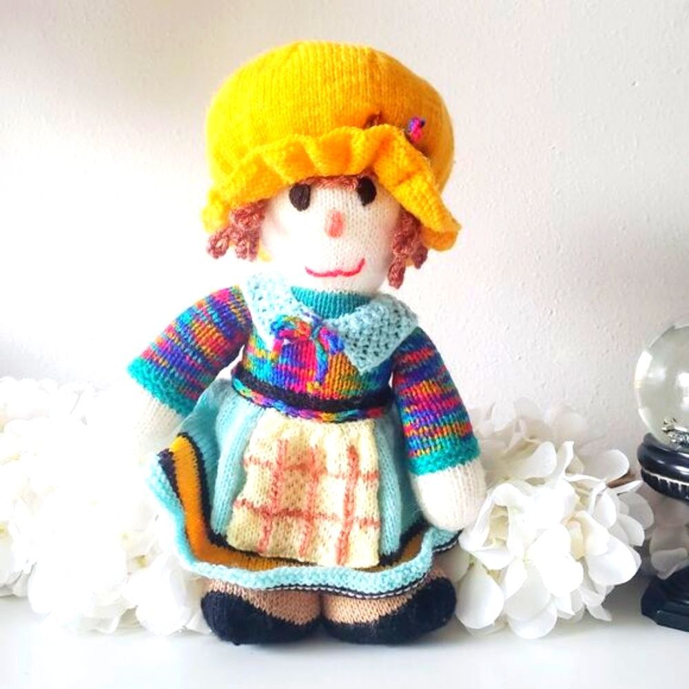 Vintage Crochet 14" Rag Doll Apron Hat Decor